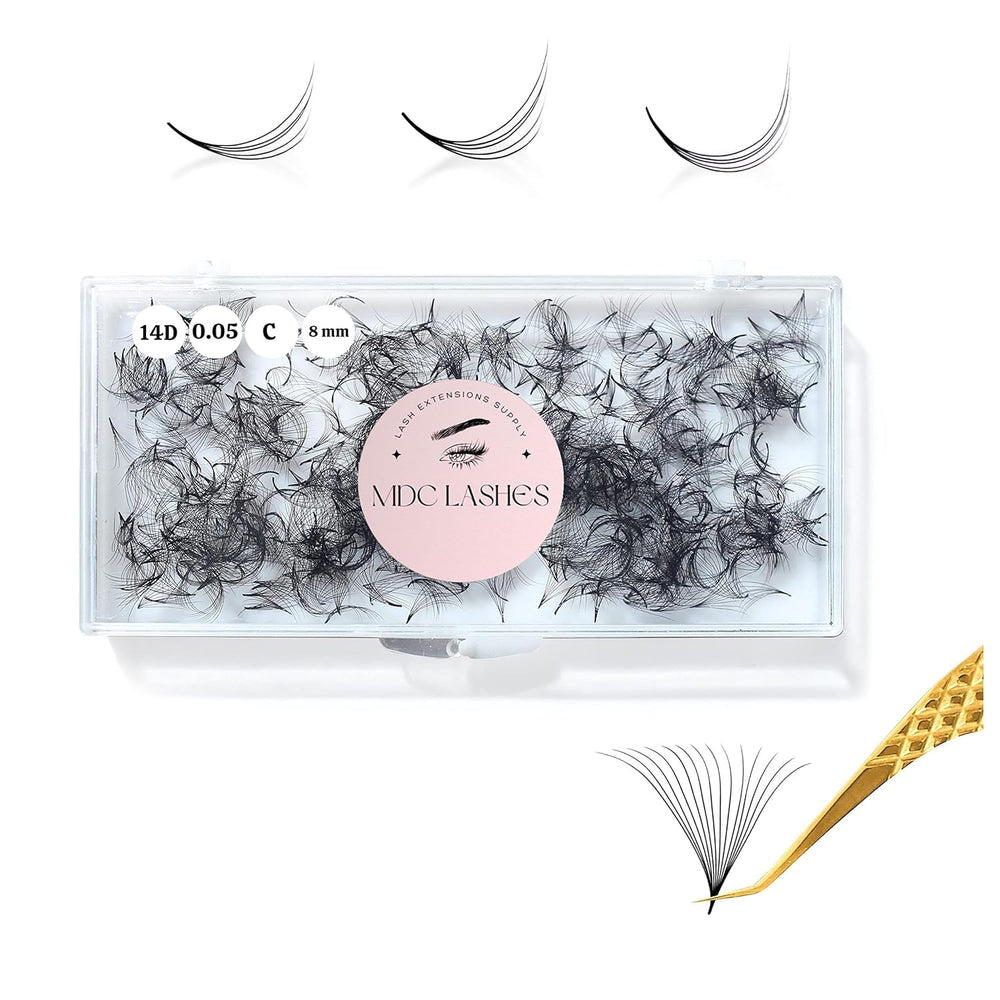 MDC Lashes promade fans close-up, ready for quick volume lashing.