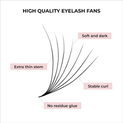 MDC Lashes premade fans in 5D-16D, ideal for versatile looks.