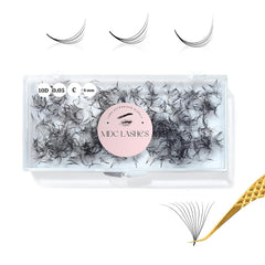 MDC Lashes promade fans CC curl in 8-16 mm for quick volume looks.