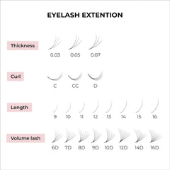 MDC Lashes Promade Fans thickness and curl options C/CC/D for customization.