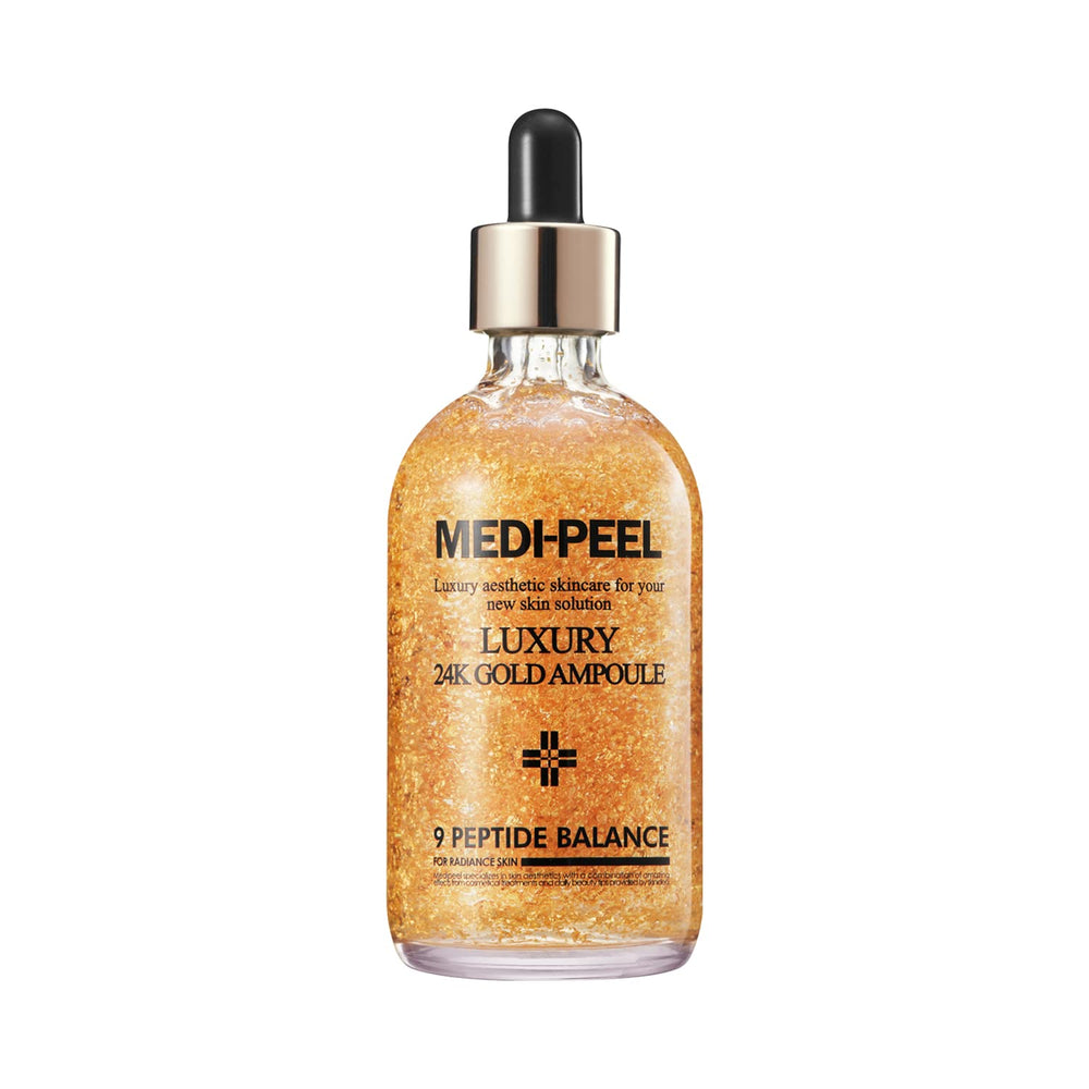 MEDI-PEEL Pure Gold 24K ampoule bottle close-up for radiant hydration.