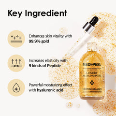 MEDI-PEEL Pure Gold 24K ampoule serum application on skin, silky flow.