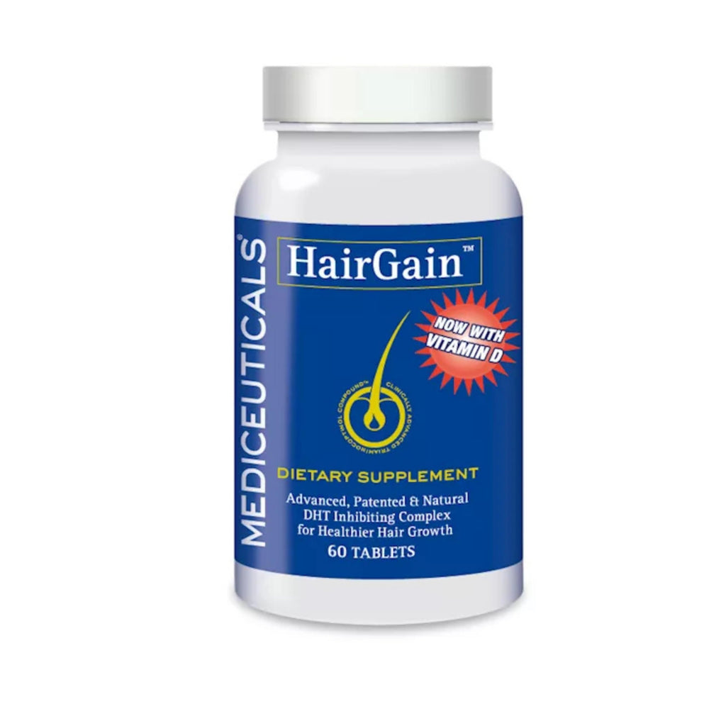Mediceuticals HairGain bottle front, a unisex daily supplement for hair support