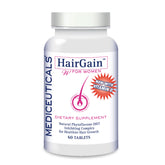 Mediceuticals HairGain bottle with pills for daily hair health support.