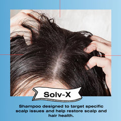 Mediceuticals Solv-X Shampoo label close-up highlighting key scalp-care ingredients.