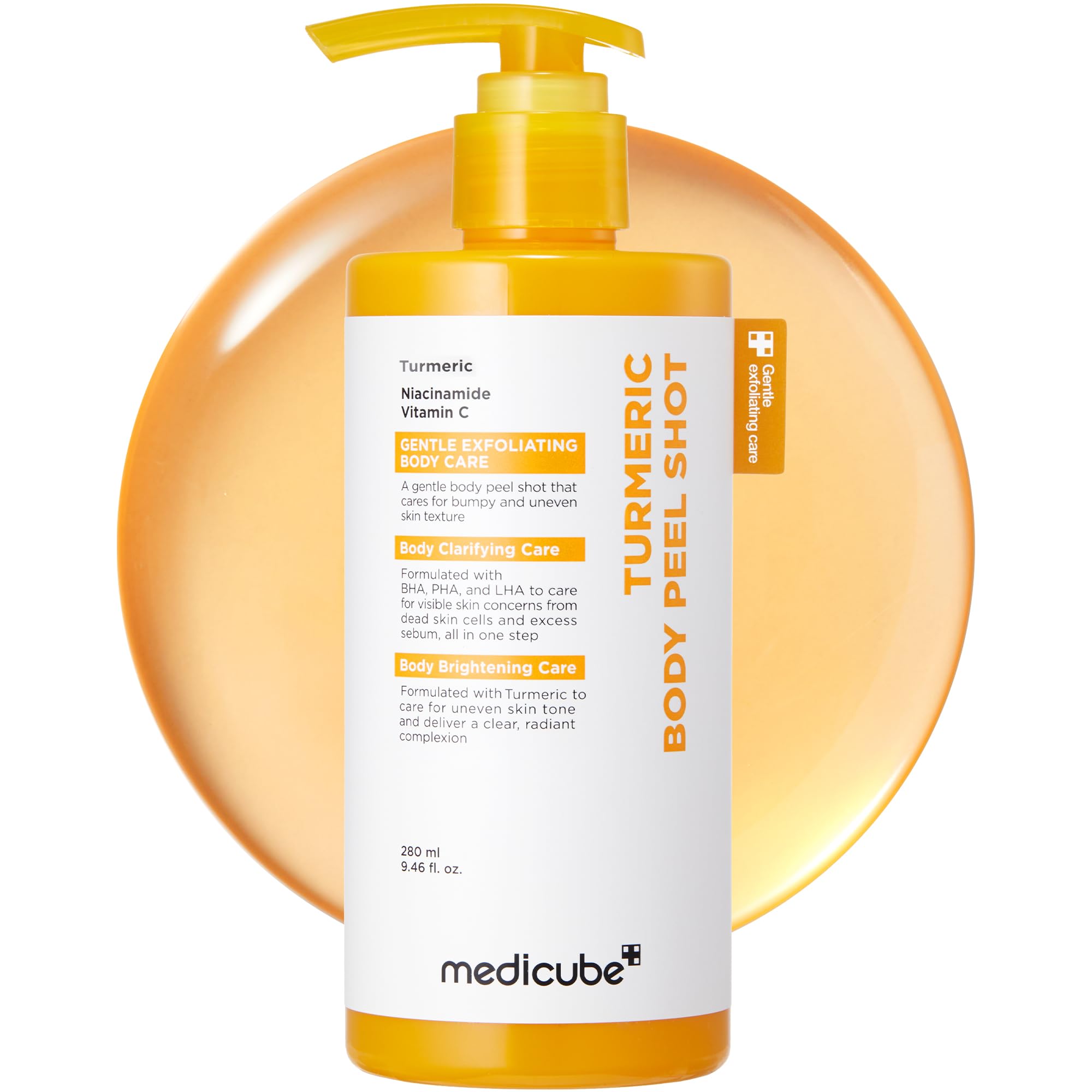 Medicube Body Peel Shot Turmeric bottle for at-home exfoliation and brightening.