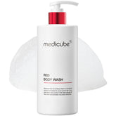 medicube Red Body Wash bottle on a bathroom shelf for daily hydrating cleanse
