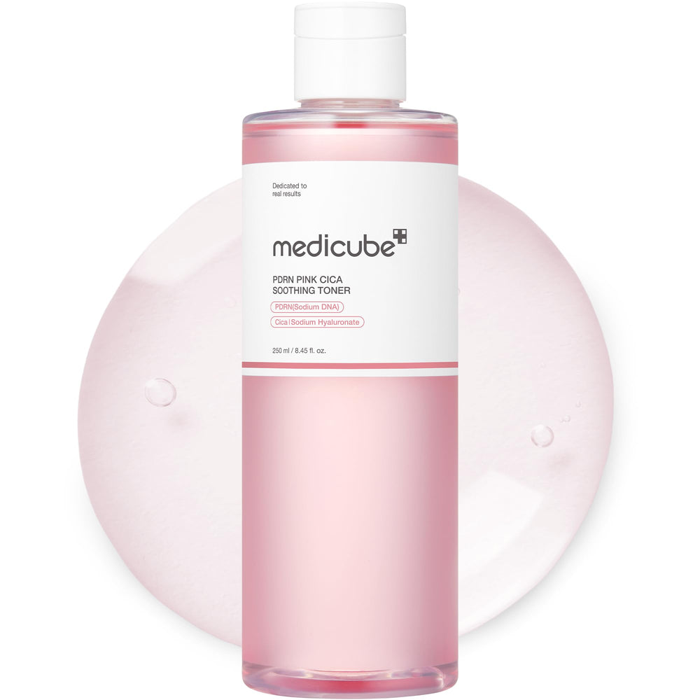Medicube Salmon DNA PDRN Pink CICA Toner bottle with calming glow
