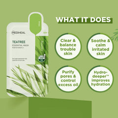 Mediheal collagen tea tree mask applied on face for lifting and soothing potential.