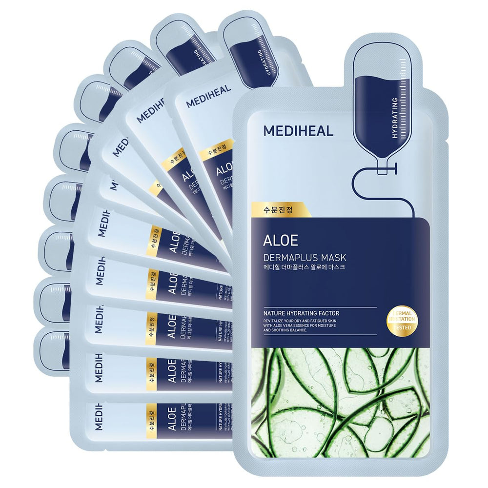 Mediheal Dermaplus Aloe Mask packaging shown, ideal for vegan skin care routines.