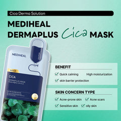 Mediheal Dermaplus Cica Mask with hyaluronic acids for lasting hydration.