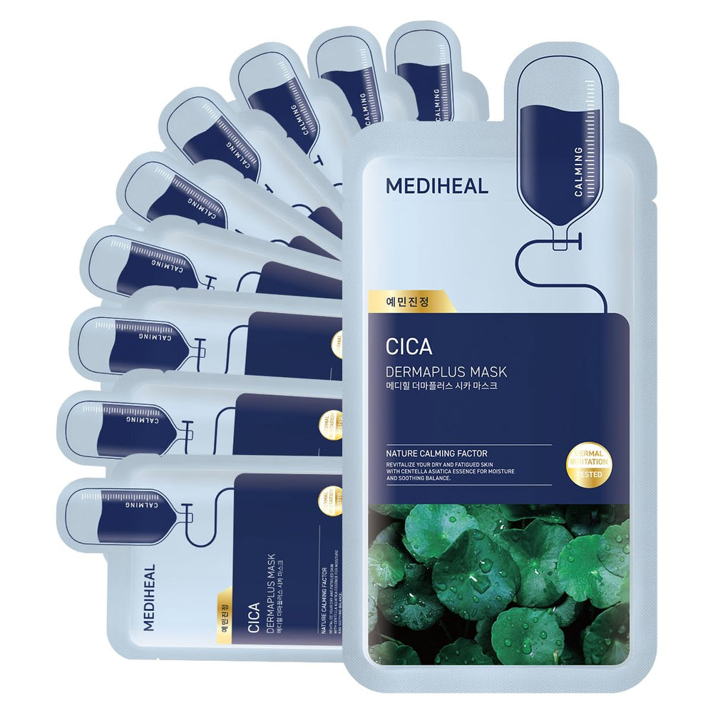 Mediheal Dermaplus Cica Mask packaging highlights vegan fabric and calming care.