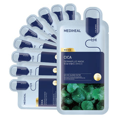 Mediheal Dermaplus Cica Mask packaging highlights vegan fabric and calming care.
