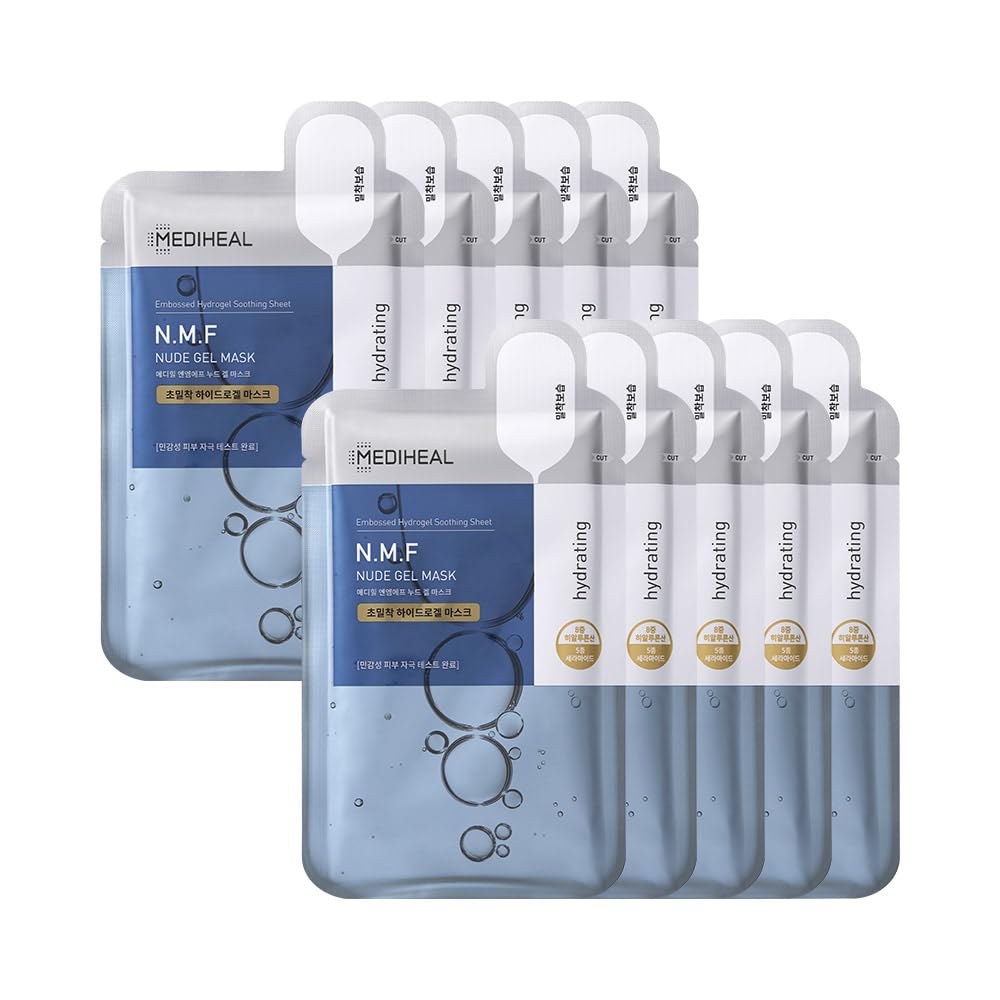 Mediheal NMF Nude Gel Mask 10 Pack packshot shows cooling hydration for the skin.