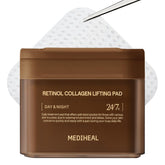 Mediheal Retinol Collagen Lifting Pad applied to the forehead for firmer-looking skin.