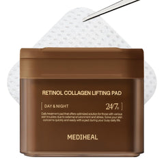 Mediheal Retinol Collagen Lifting Pad applied to the forehead for firmer-looking skin.