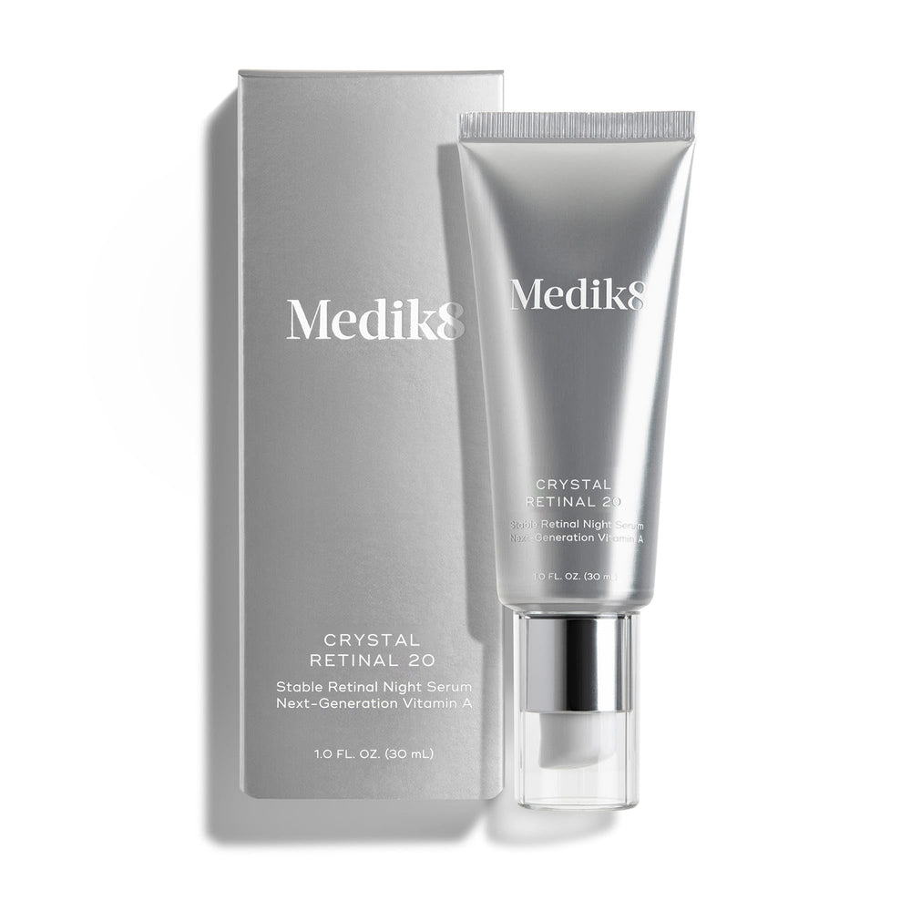 Medik8 Crystal Retinal 20 bottle close-up shows retinaldehyde serum for smoother, brighter skin.