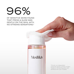 Medik8 Press and Glow packaging close-up emphasizing clean, skin-friendly formula for daily use