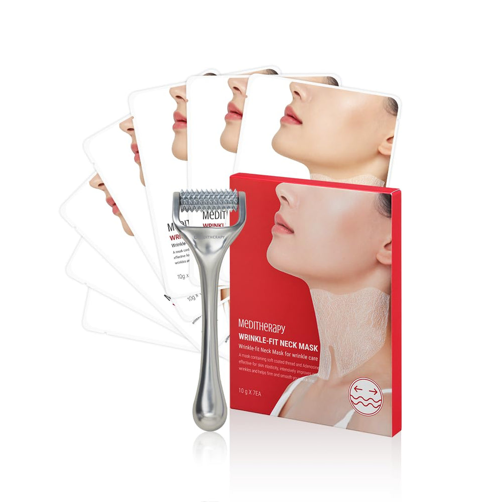 MEDITHERAPY wrinkle-fit neck mask application demonstrates targeted hydration.