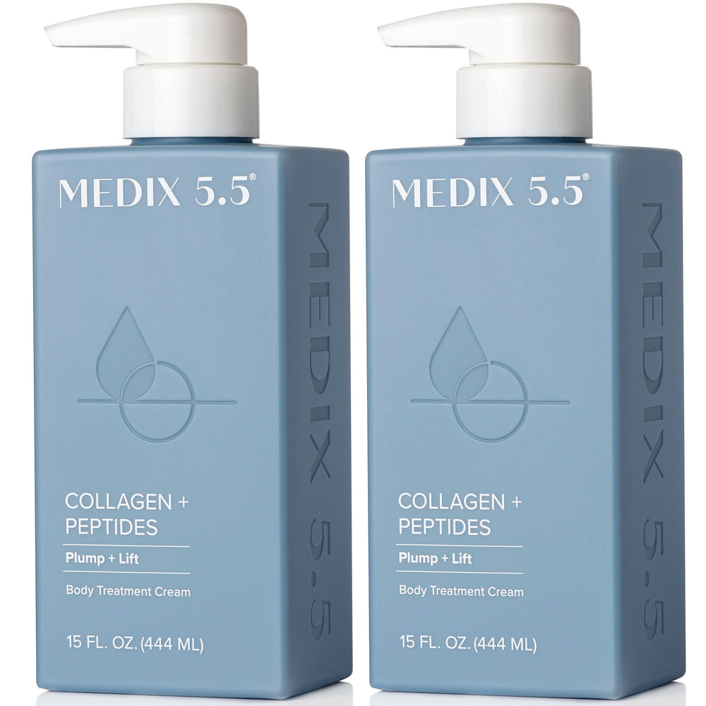 Medix 5.5 Collagen Cream bottle showing dual face and body hydration benefits.