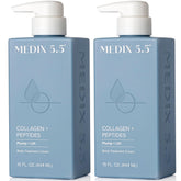 Medix 5.5 Collagen Cream bottle showing dual face and body hydration benefits.