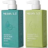 Medix 5.5 exfoliating body wash bottle showing glycolic action for smoother skin