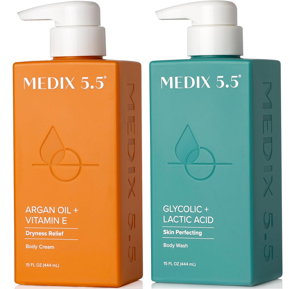 Medix 5.5 glycolic exfoliating wash bottle for smoother skin.