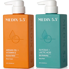 Medix 5.5 glycolic exfoliating wash bottle for smoother skin.