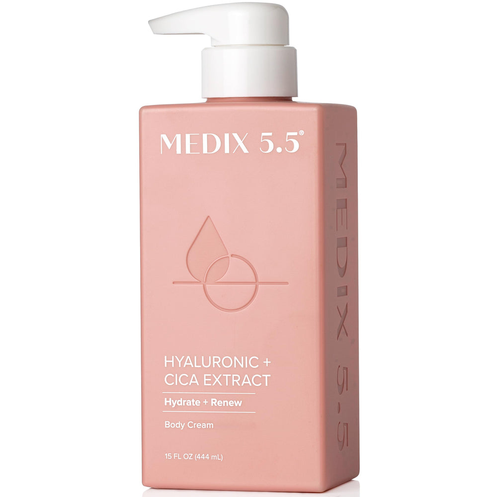 Medix 5.5 Hyaluronic Acid Cream bottle pour, showing easy hydration for daily skin moisture