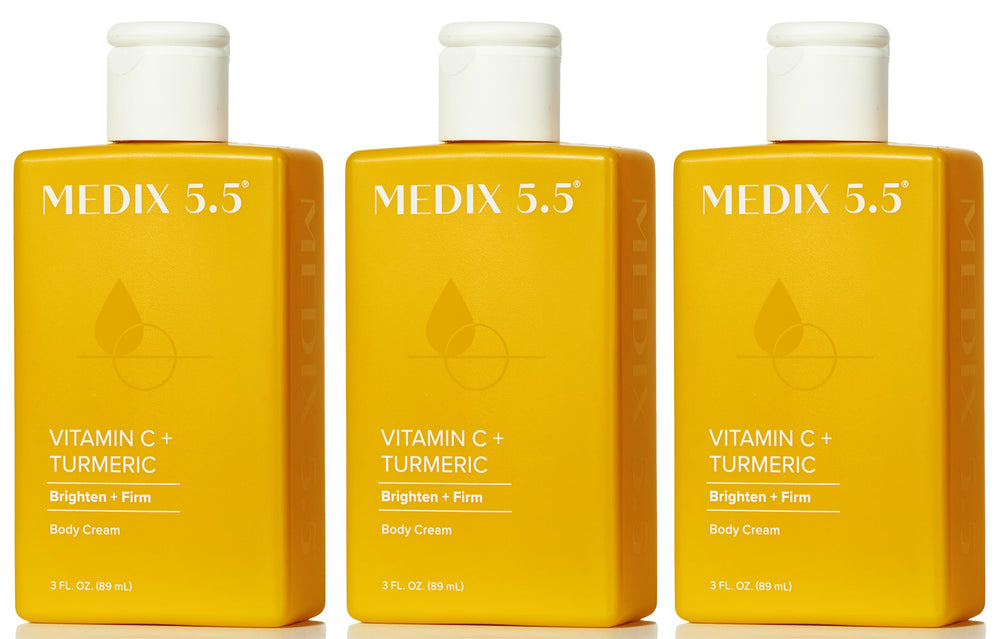 Medix 5.5 Vitamin C body lotion bottle delivering daily hydration for a brighter, more even look.