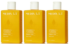 Medix 5.5 Vitamin C body lotion bottle delivering daily hydration for a brighter, more even look.