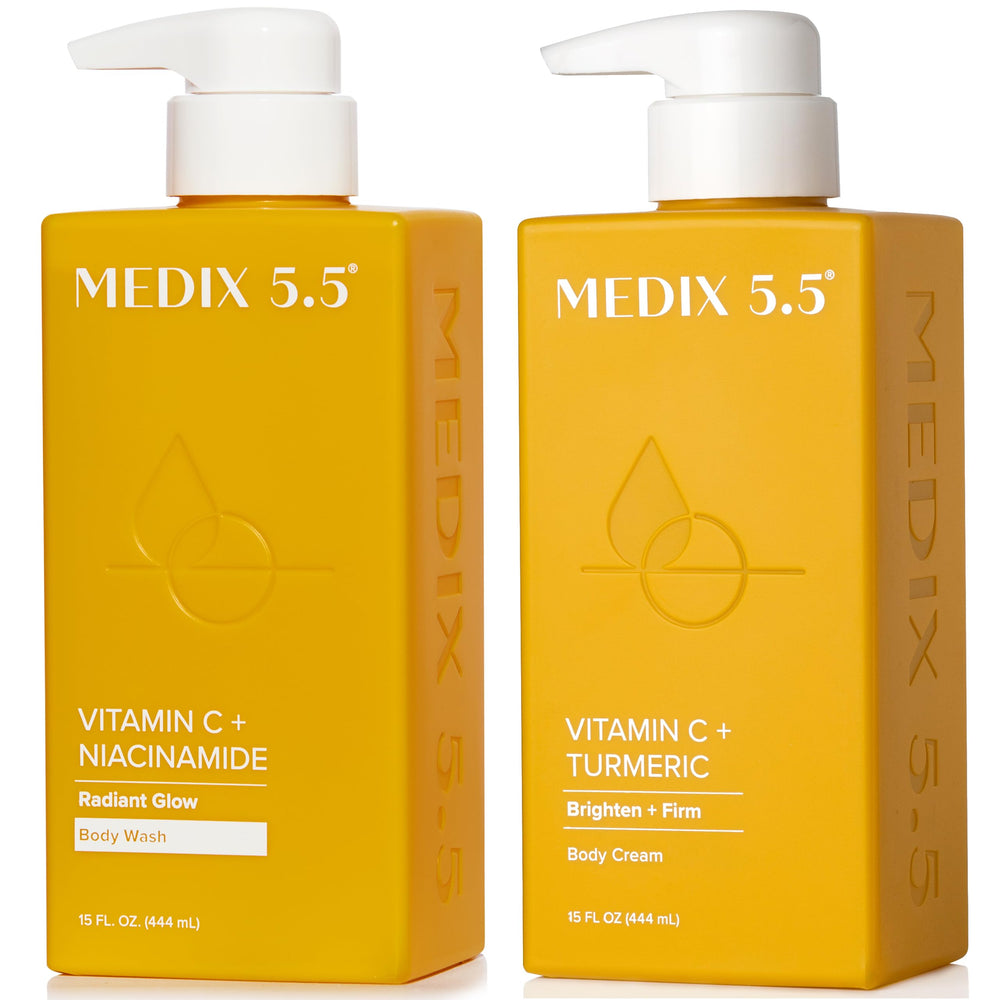 Medix 5.5 Vitamin C Body Wash bottle pour supports a refreshing cleanse.
