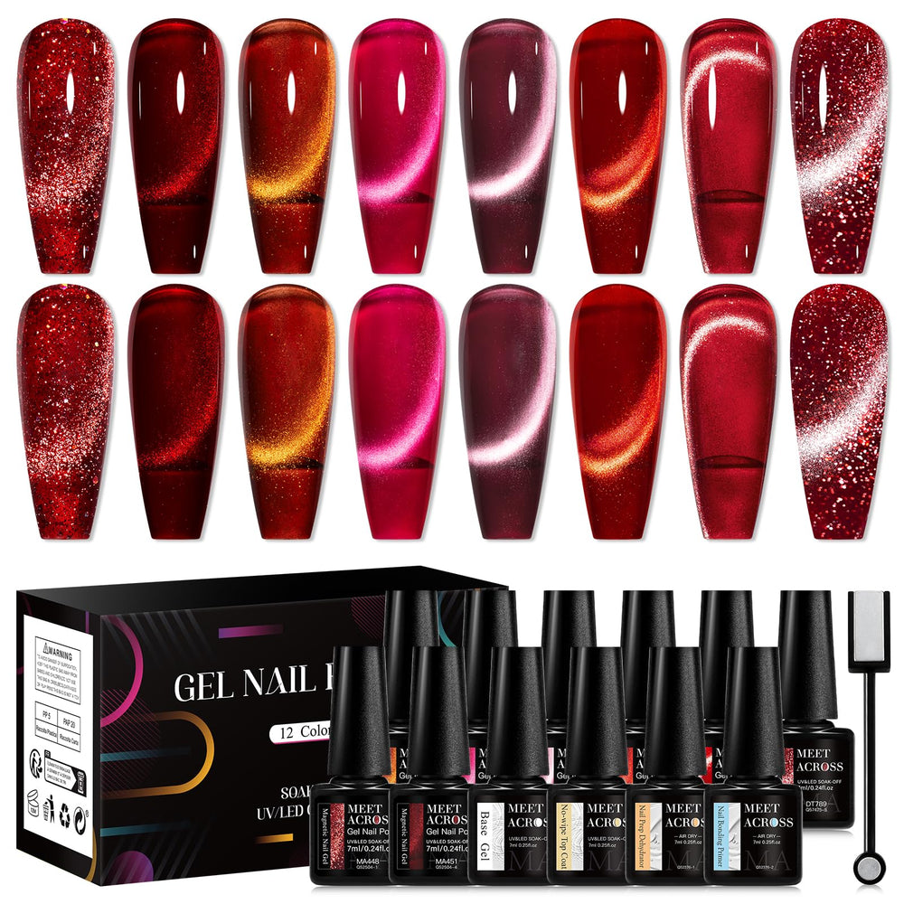 MEET ACROSS cat-eye gel nail polish bottle with red glitter for chic nail art.