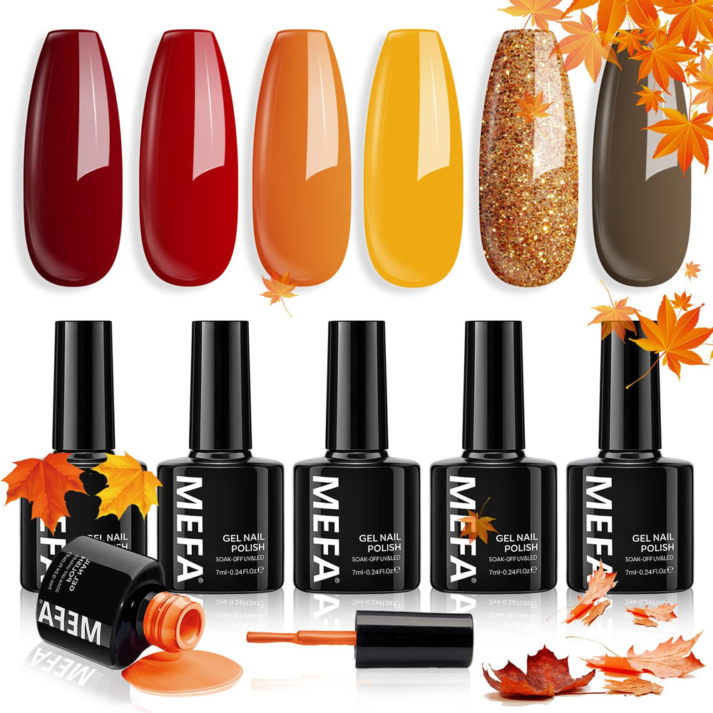 MEFA fall gel nail polish orange – vibrant autumn color with long-lasting shine.