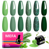 MEFA green gel nail polish packshot shows six shades ready for at home manicure