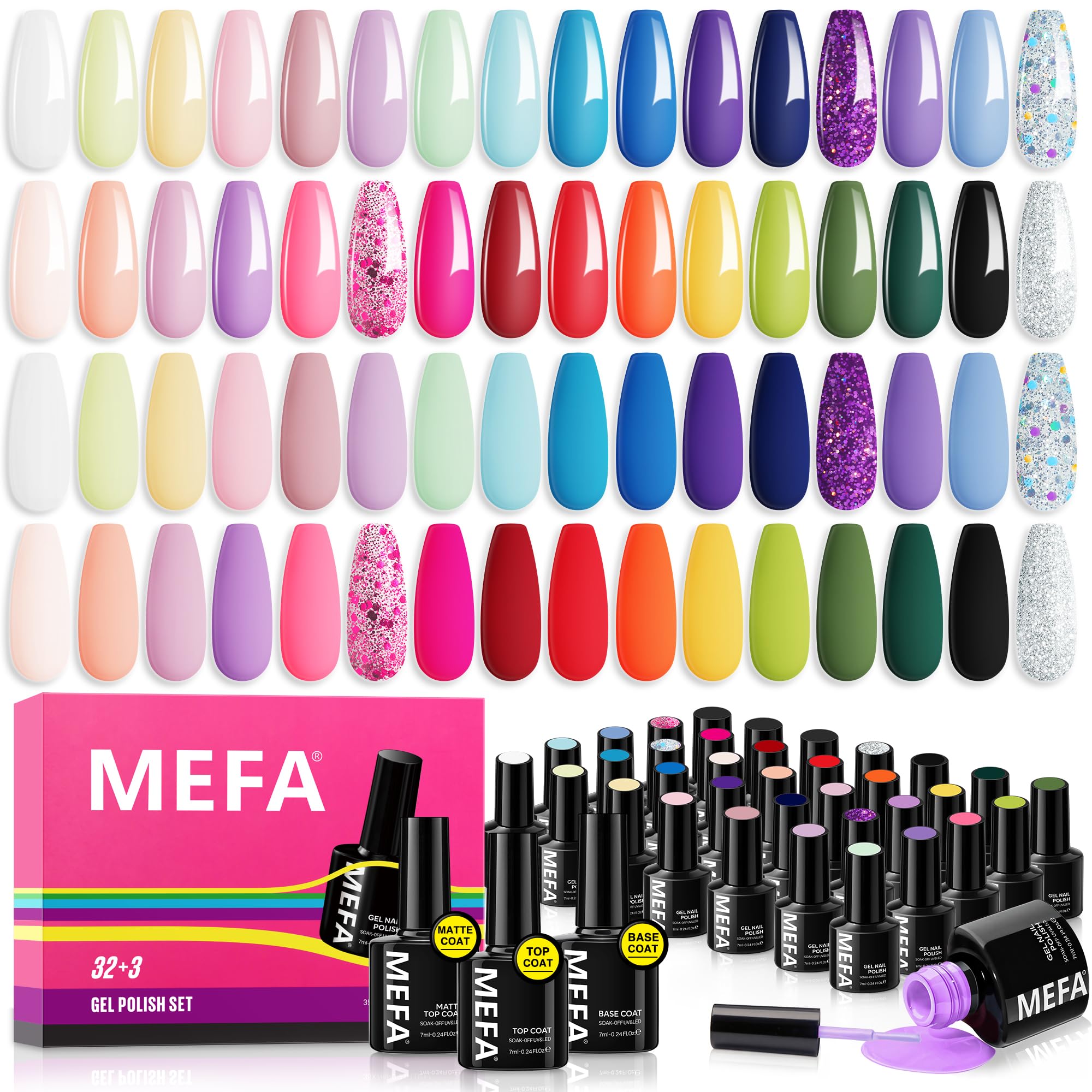 MEFA neon gel polish set with 32 vibrant colors for at-home manicures