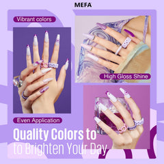 MEFA gel nail polish collection swatches showing purple tones for coordinated looks