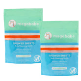 Megababe cucumber mint shower sheets laid out as full-size 8x10 wipes for full-body cleansing.