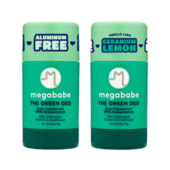 Megababe Daily Deodorant Green Deo front bottle provides aluminum-free odor protection.
