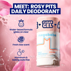Megababe Daily Deodorant Rosy Pits packaging highlights vegan, gentle care