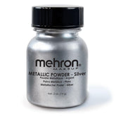 Mehron Metallic Powder Silver jar closeup showing premium pigment for bold looks