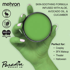 Mehron Paradise Makeup AQ light green swatches show matte finish for faces and bodies.