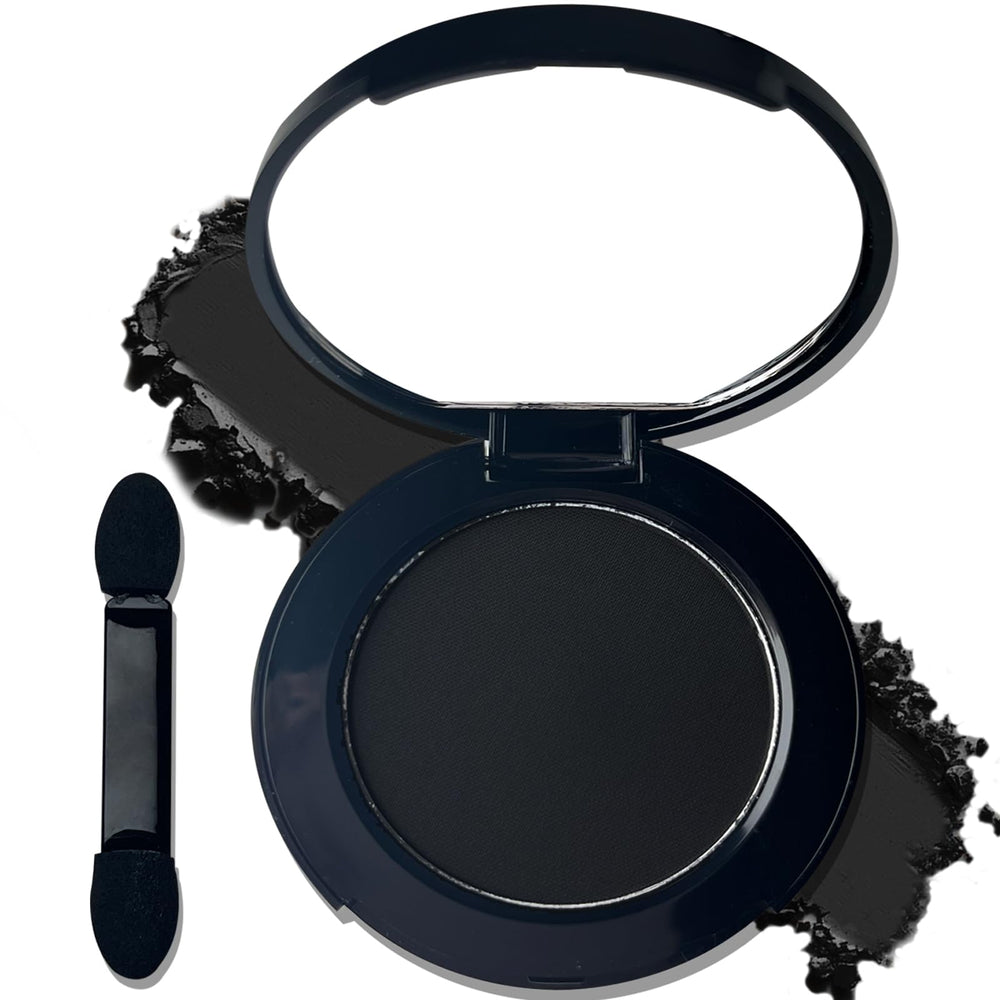 MEICOLY black eye shadow with mirror showing bold matte color and all-day wear