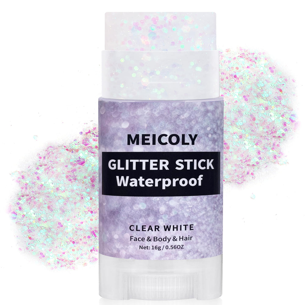 MEICOLY Clear White Glitter Stick packaging showcases effortless sparkle for party-ready looks.