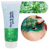 MEICOLY Green Face Glitter with self-adhesive gel for effortless facial sparkle.