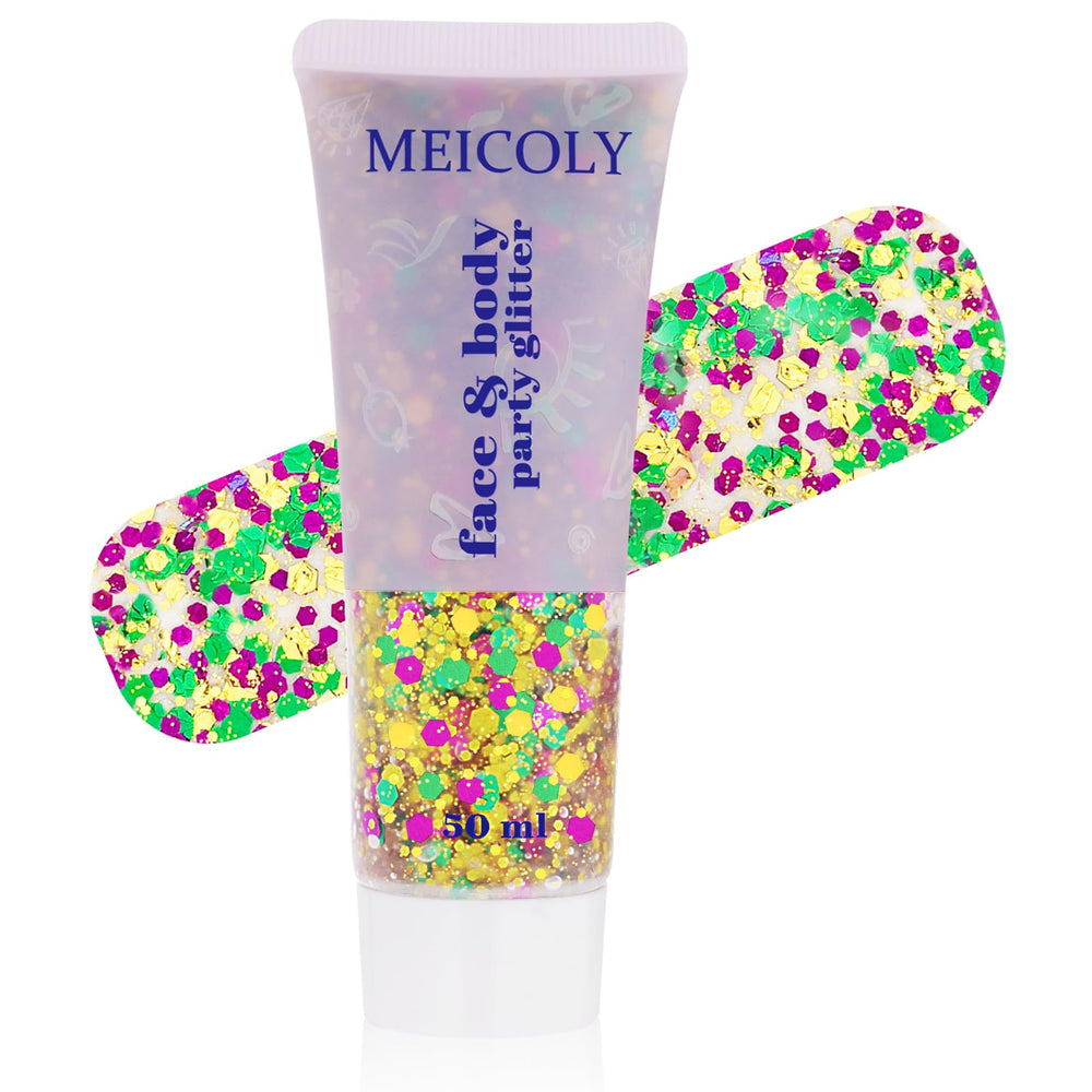 MEICOLY Mardi Gras glitter gel bottle for festival looks with holographic shine.