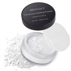 MEICOLY talc-free setting powder in sifter packaging for precise application.