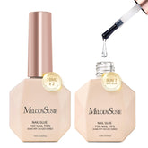 MelodySusie 9-in-1 nail glue bottle close-up showing strong tip adhesion.