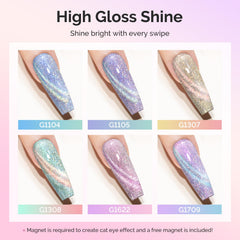 MelodySusie cat eye nails under UV lamp showing long-lasting shimmer.