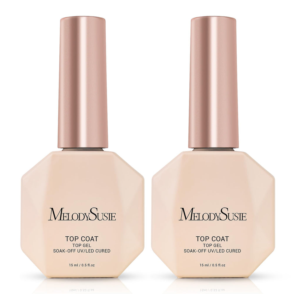 MelodySusie no-wipe top coat bottle with a crystal-clear glossy finish for gel and natural nails.